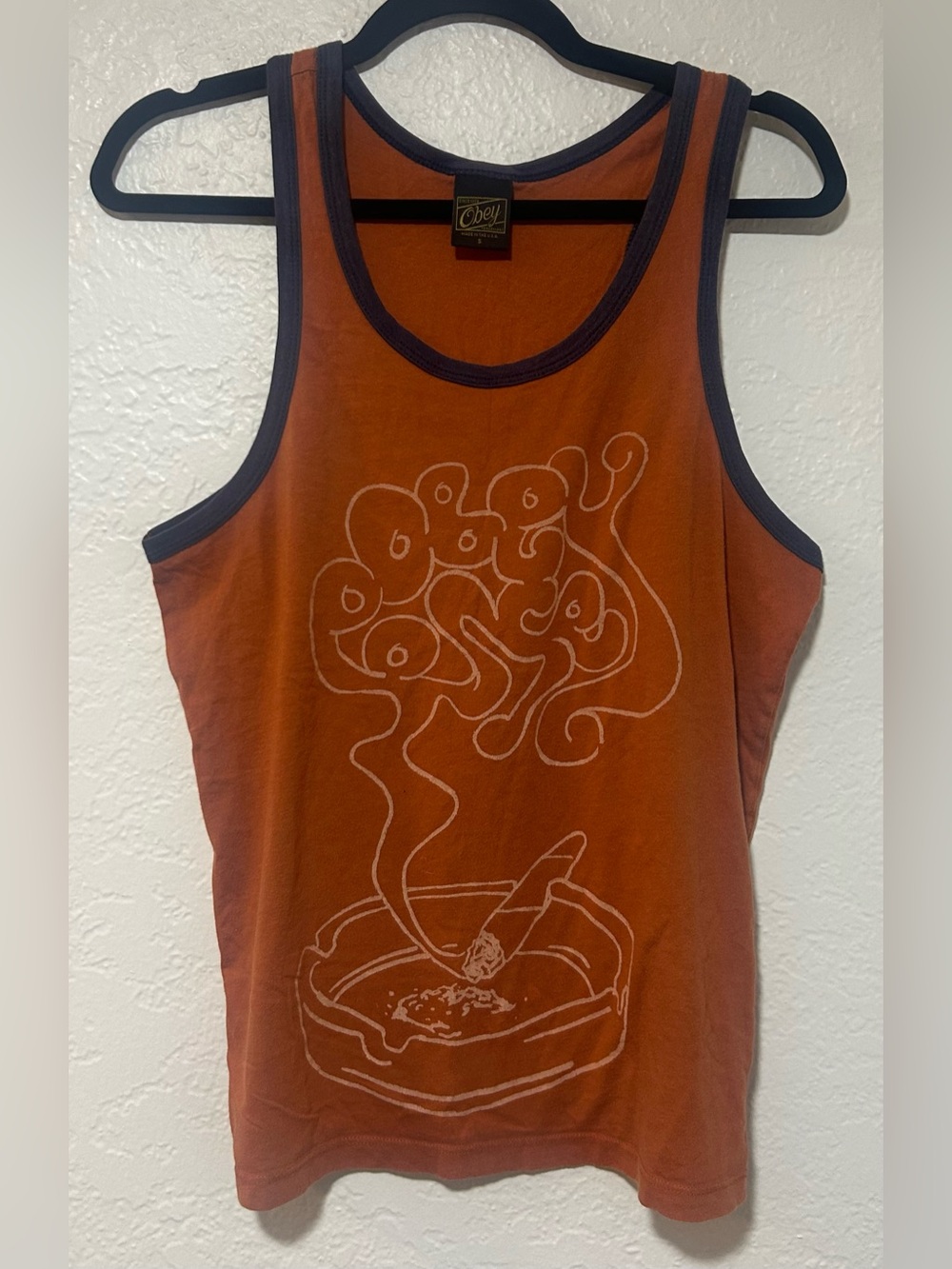 Obey Groovy “Obey Once” Ashtray 70s Stoner Rust Orange Tank with Navy Trim